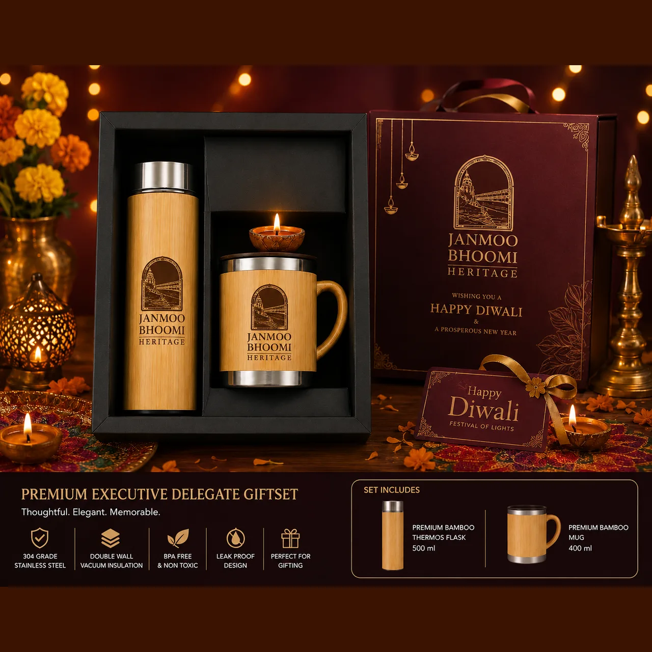 Diwali Special Bamboo Flask & Mug Set