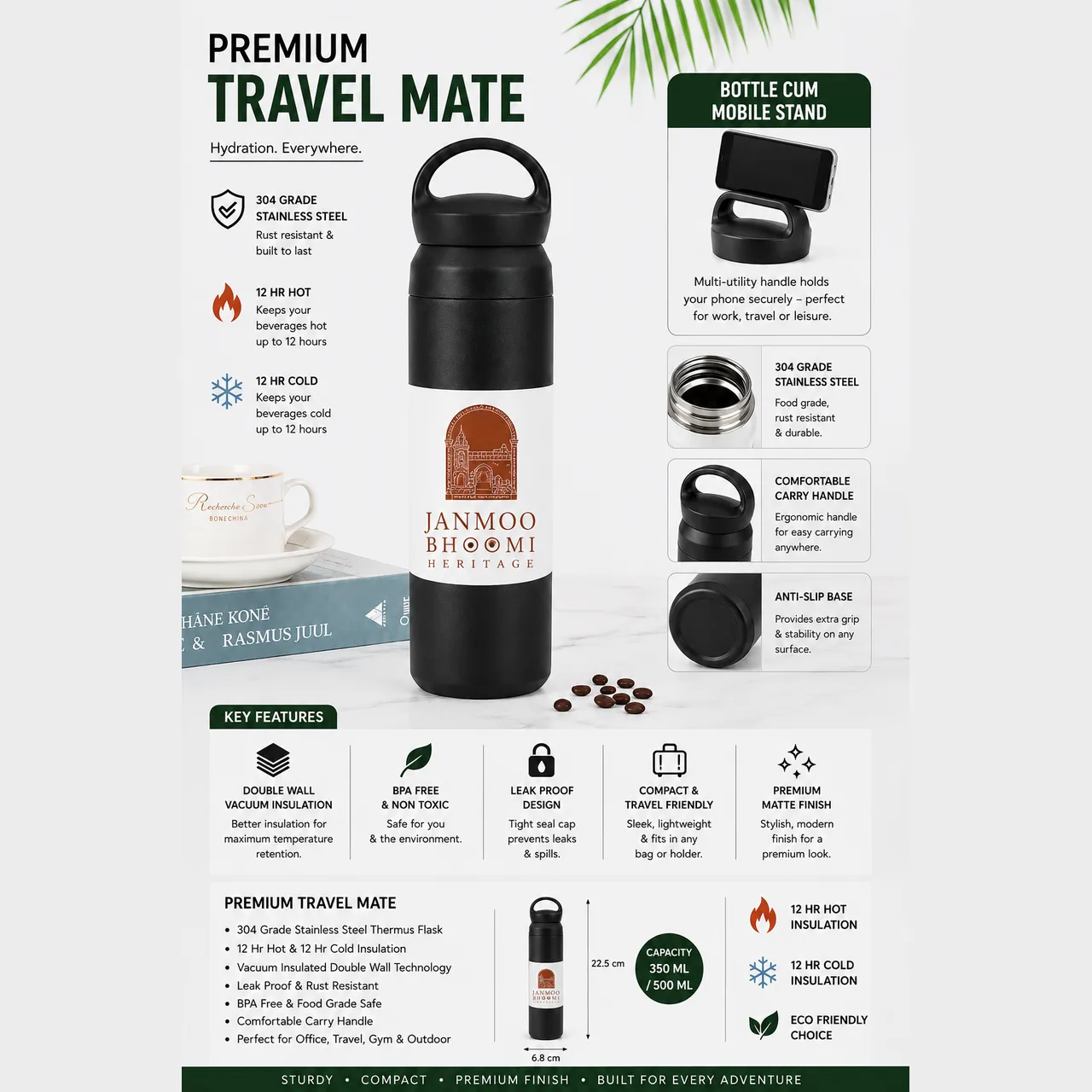 Black Bottle-Cum-Mobile-Stand Flask