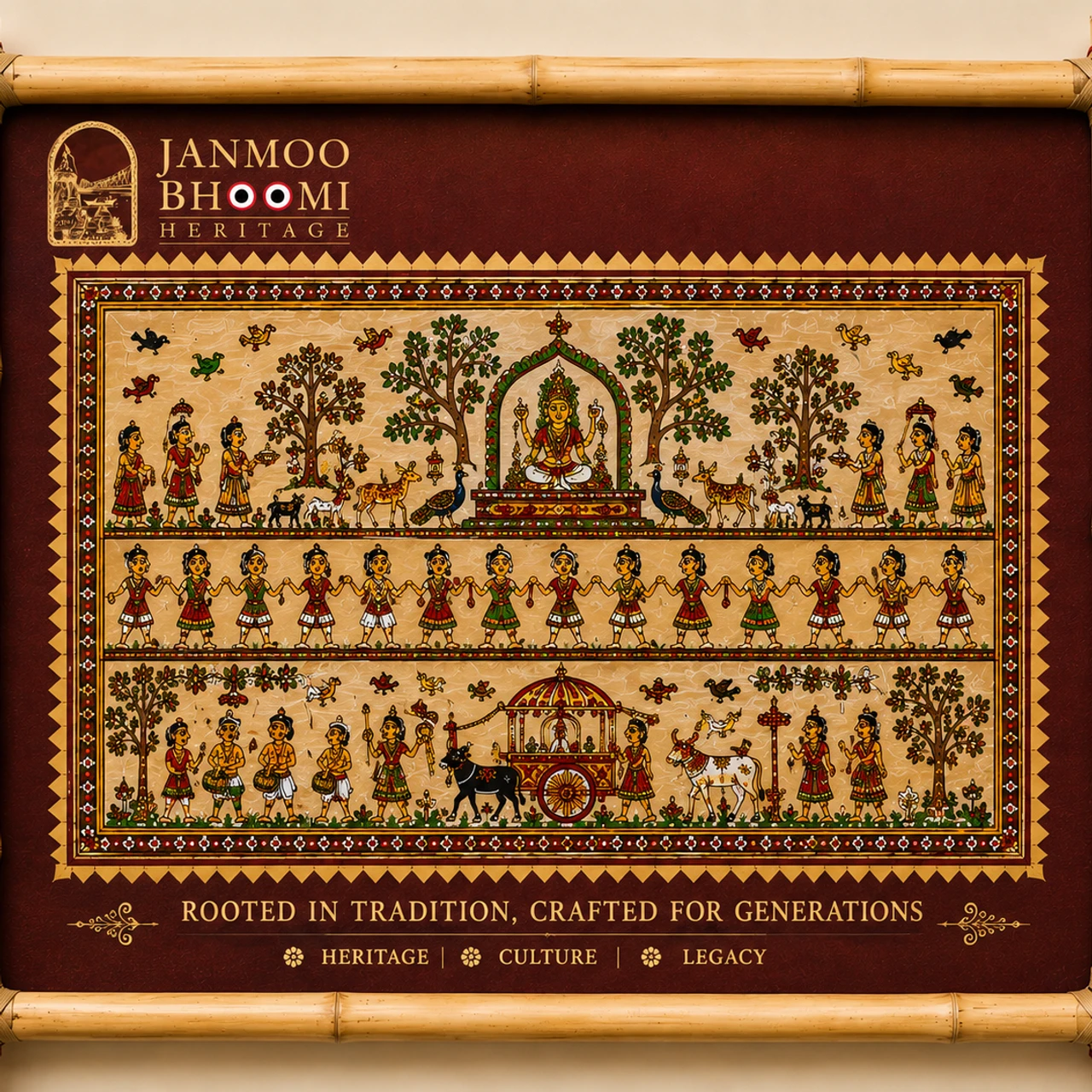 Goddess Devi Shrine & Royal Chariot Maroon Panoramic Palm Painting
