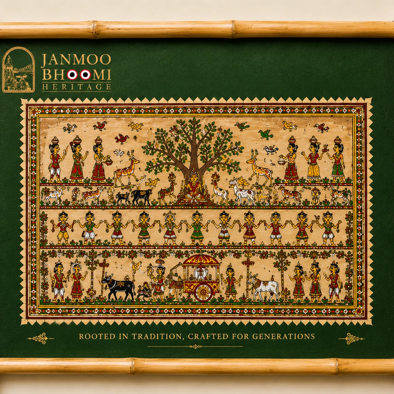 Kalpavriksha Sacred Tree & Tribal Utsav Green Panoramic Palm Scroll