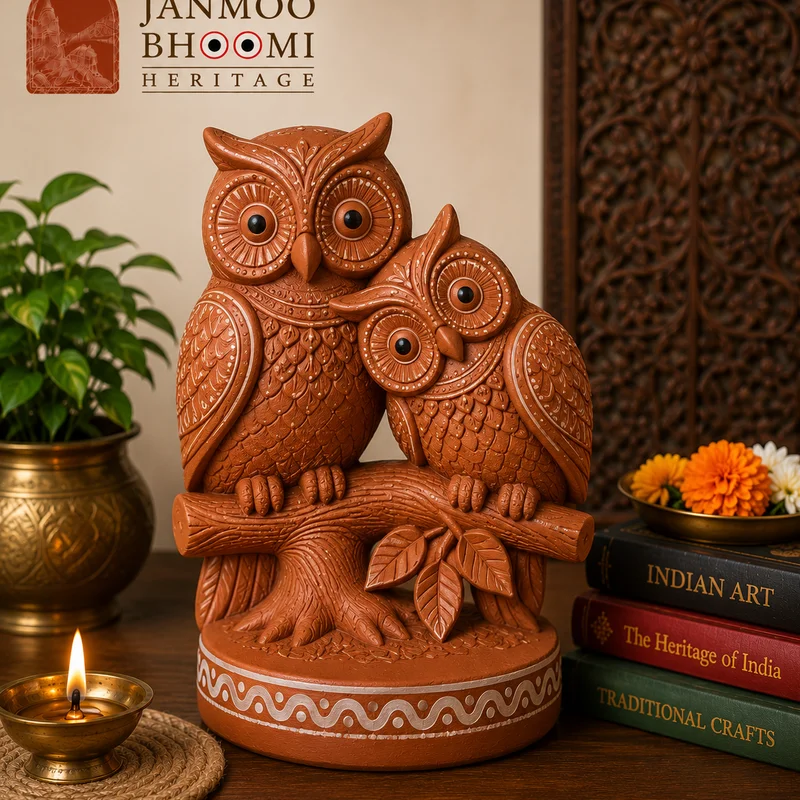 Lakshmi Uluka Pair Terracotta Owl Sculpture on Tree Branch