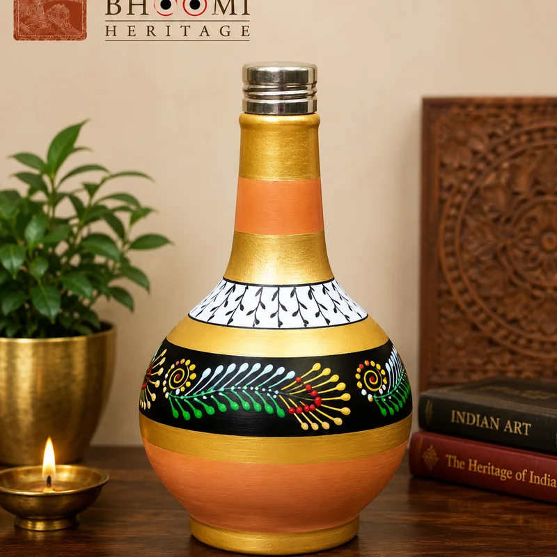 Mor Pankh Hand-Painted Metallic Gold Terracotta Water Bottle