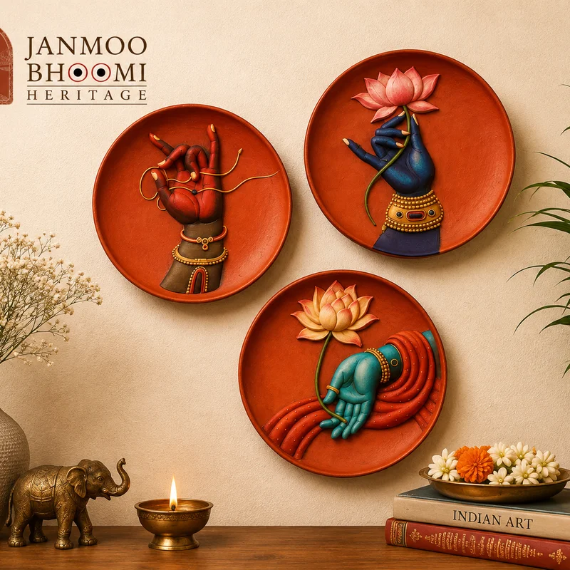 Padma Mudra Terracotta 3D Relief Wall Plate Trio