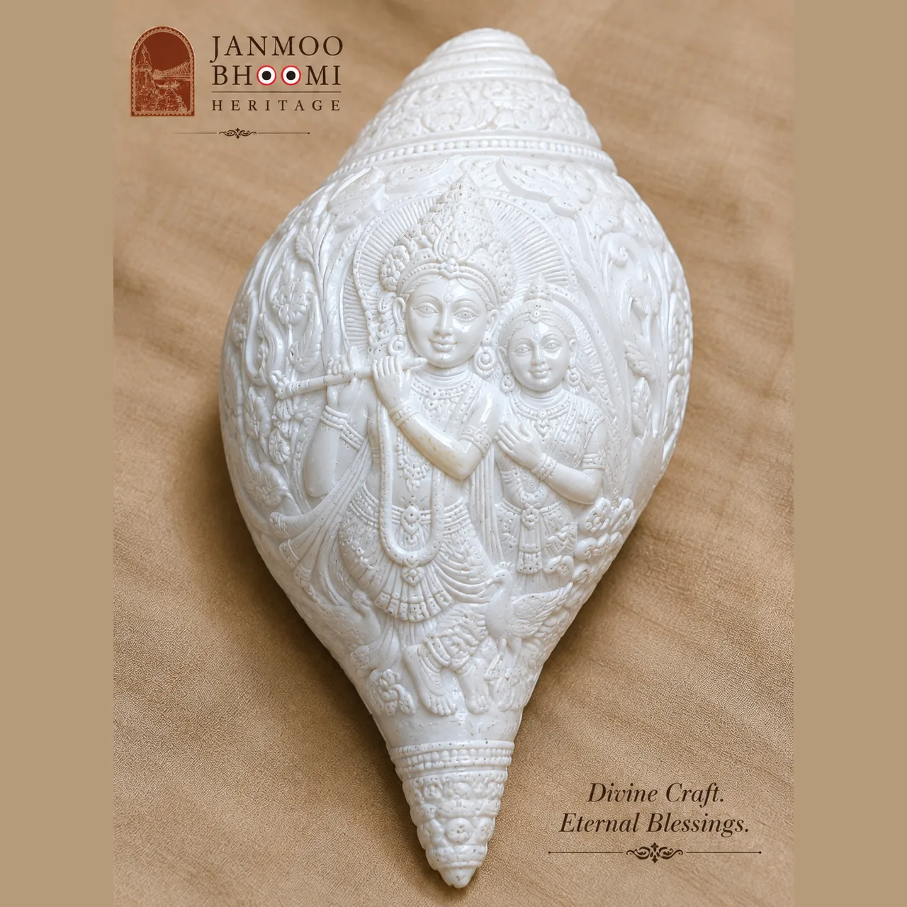 Radha Krishna Hand-Carved Conch Sculpture
