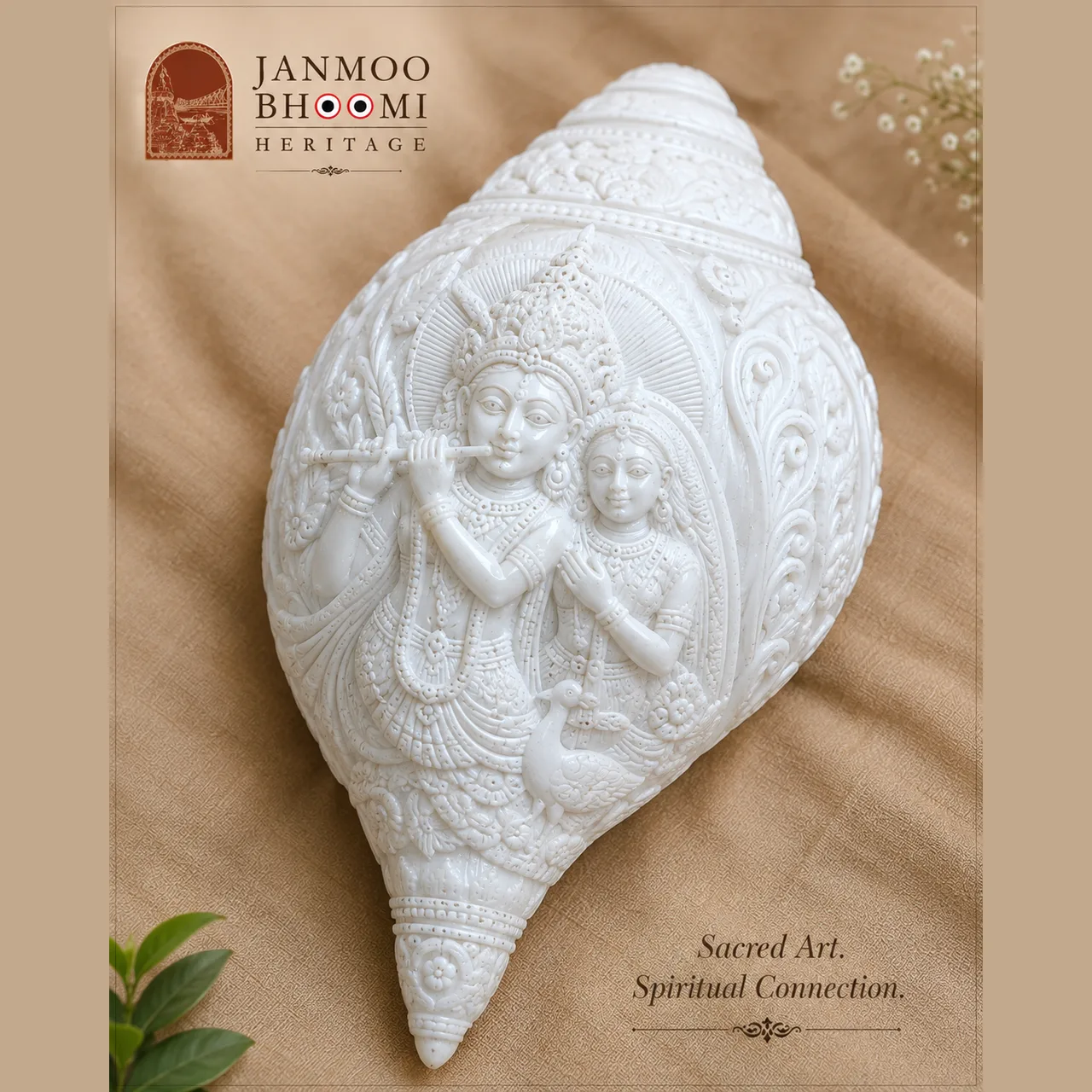 Radha Krishna Peacock Conch Sculpture