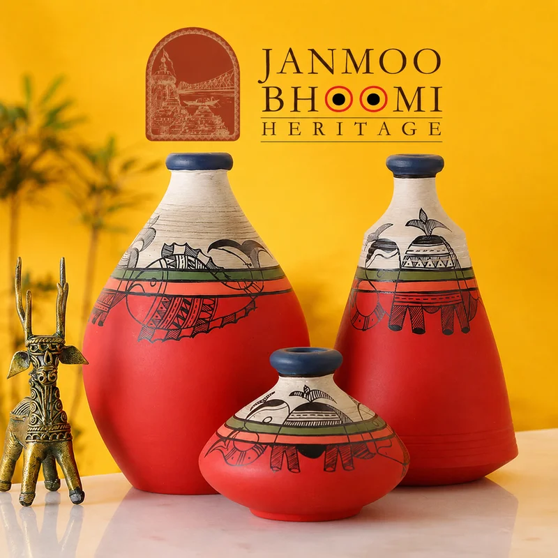 Utkala Gaja-Matsya Terracotta Trio Vases Studio Golden Edition