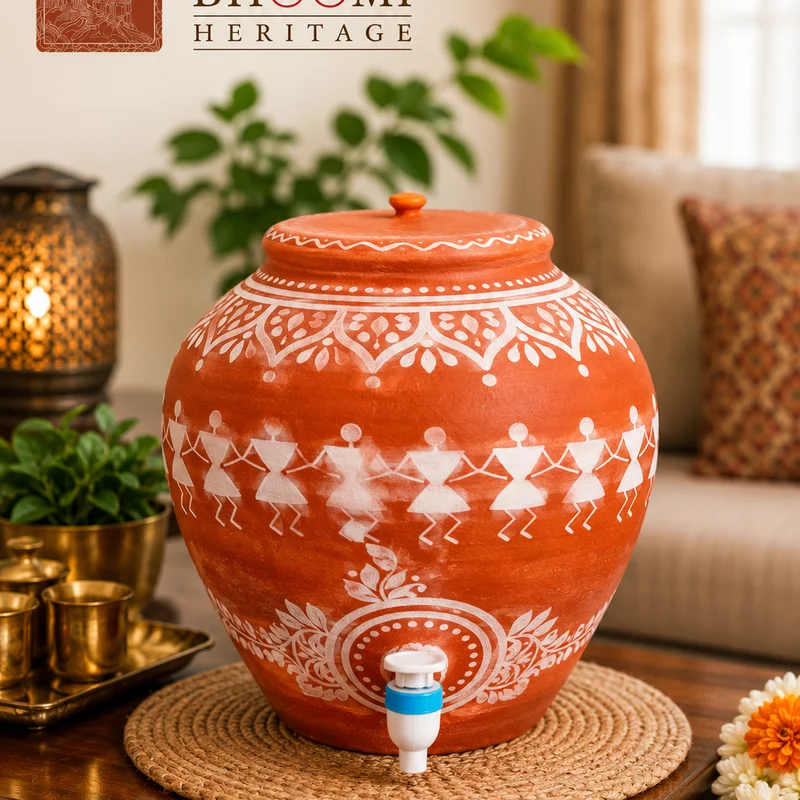 Warli Tribal Art Terracotta Water Dispenser Pot with Tap